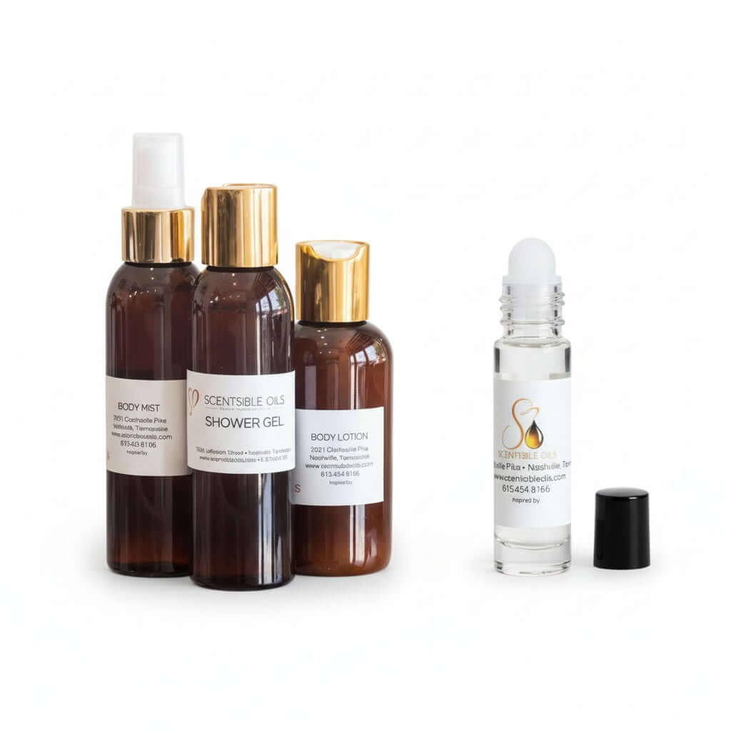 Holiday Bundle of Fragrances including Body Mist, Shower Gel, Body Lotion, and Roll-On Oil by Scentsible Oils.