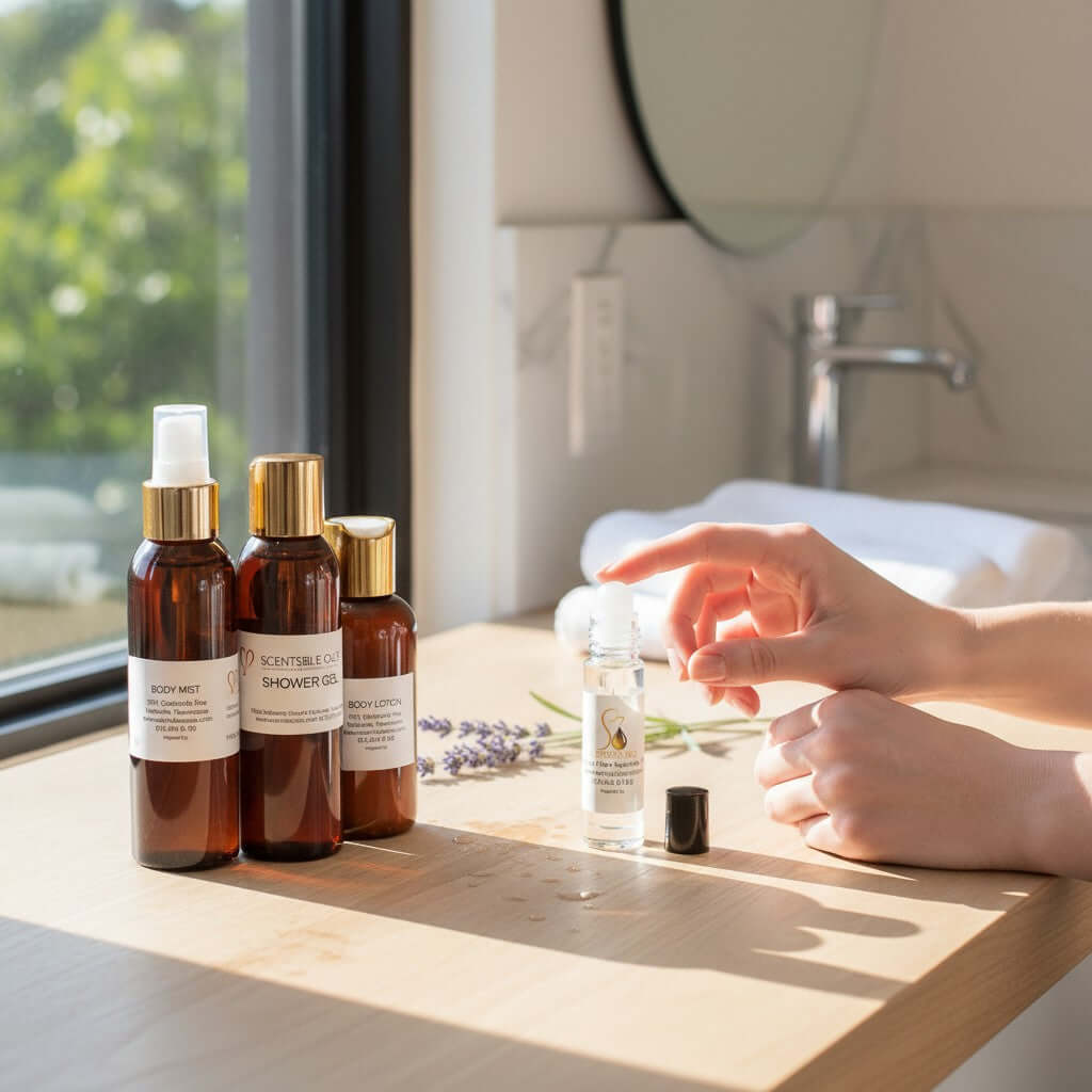 Holiday bundle of fragrances showcasing body mist, shower gel, body lotion, and roll-on oil on a wooden counter.